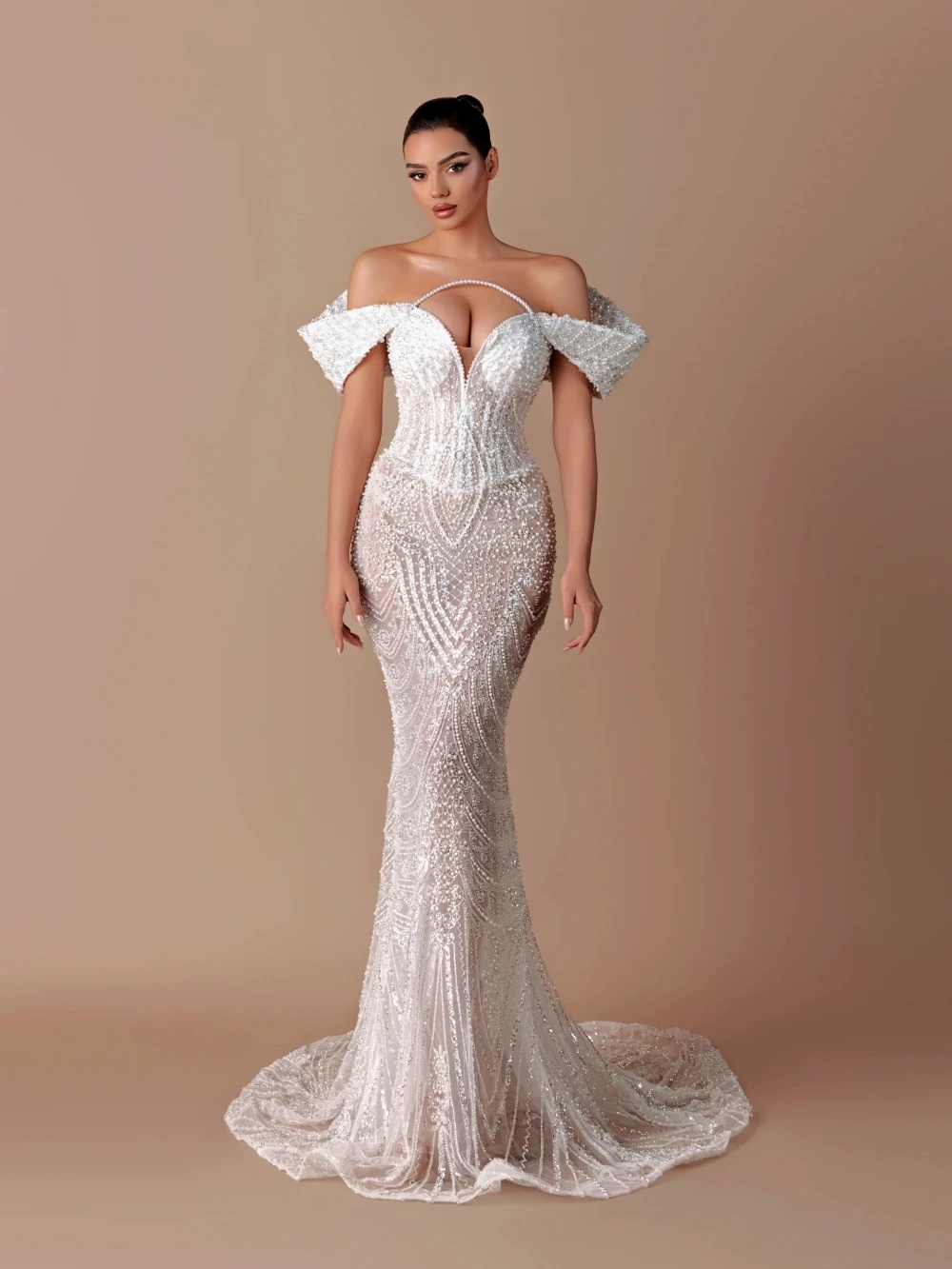 Unique Off Shoulder Wedding Dresses Pearls Sequins Bridal Gowns See Through Beading Mermaid Customized Sweep Train Vestidos De Novia Plus Size