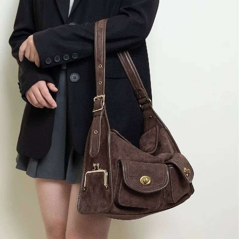 Casual Commuter Large Capacity Suede Pillow Single Shoulder Crossbody Bag Vintage Style Polyester Lining Zipper Closure