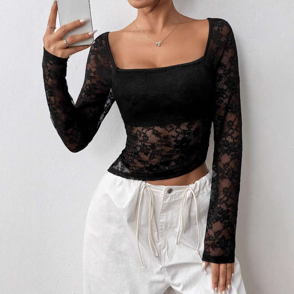 2025 New Elegant Women's Lace U-shaped Neck Asymmetric Hem Design Long Sleeve T-shirt Top for Women