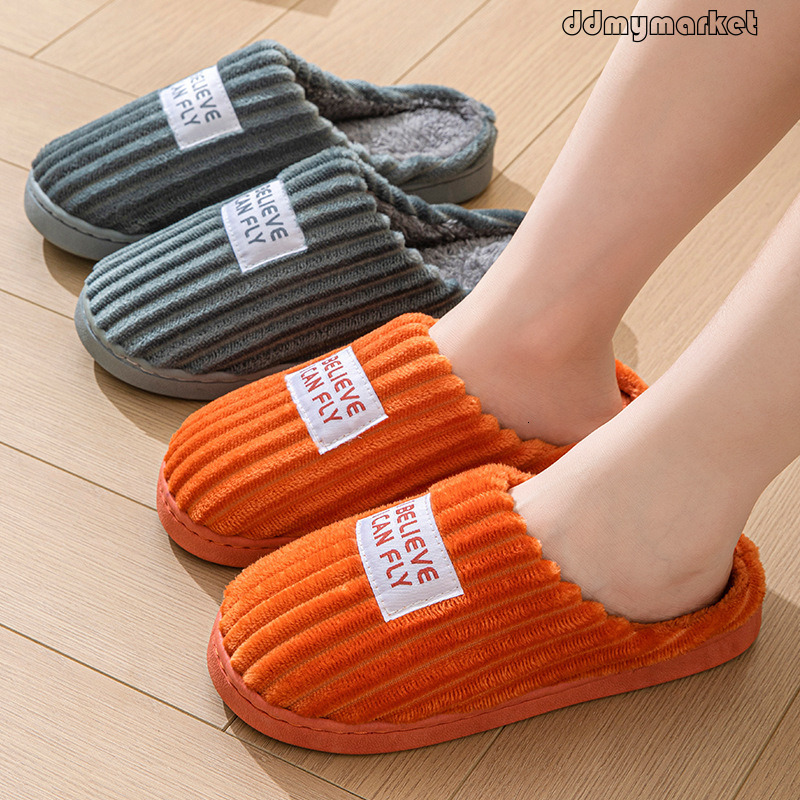 Home Cotton Slippers for Men, Autumn and Winter 2025 New Indoor Non-Slip Thick Sole Striped Plush Slippers, Warm ddmymarket