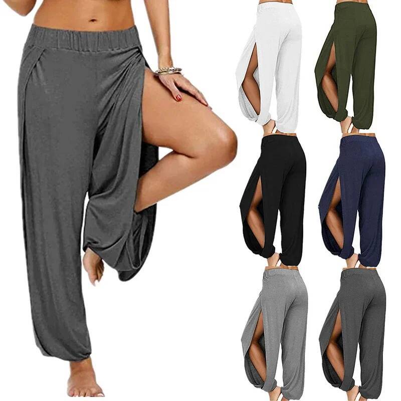 Summer High Slit Haren for Women Sports Yoga Solid Loose Hippie Harem Wide Leg Pants Trousers dongdumaoyi
