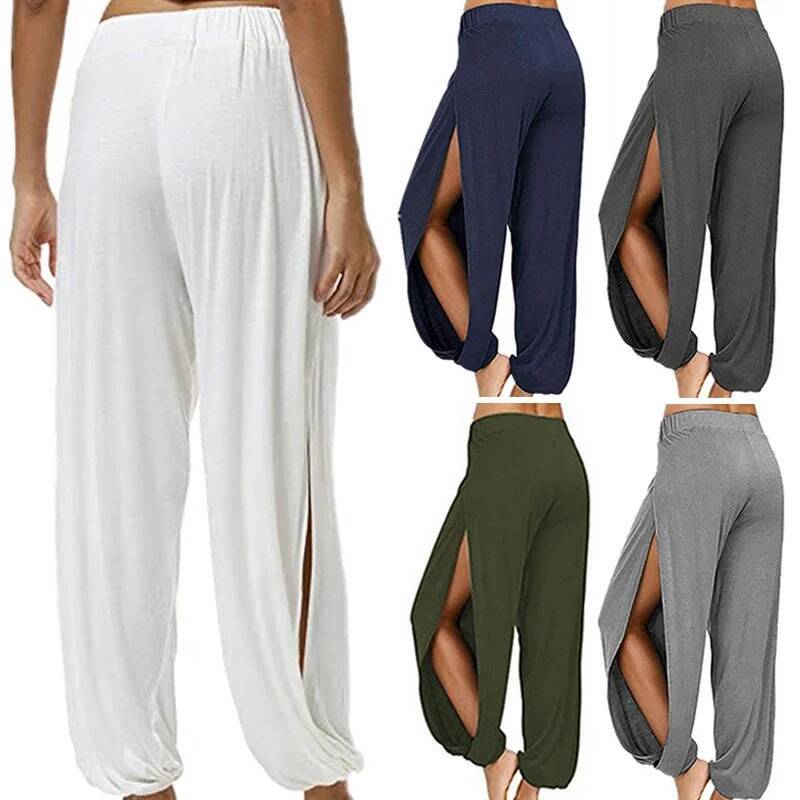 Summer High Slit Haren for Women Sports Yoga Solid Loose Hippie Harem Wide Leg Pants Trousers dongdumaoyi