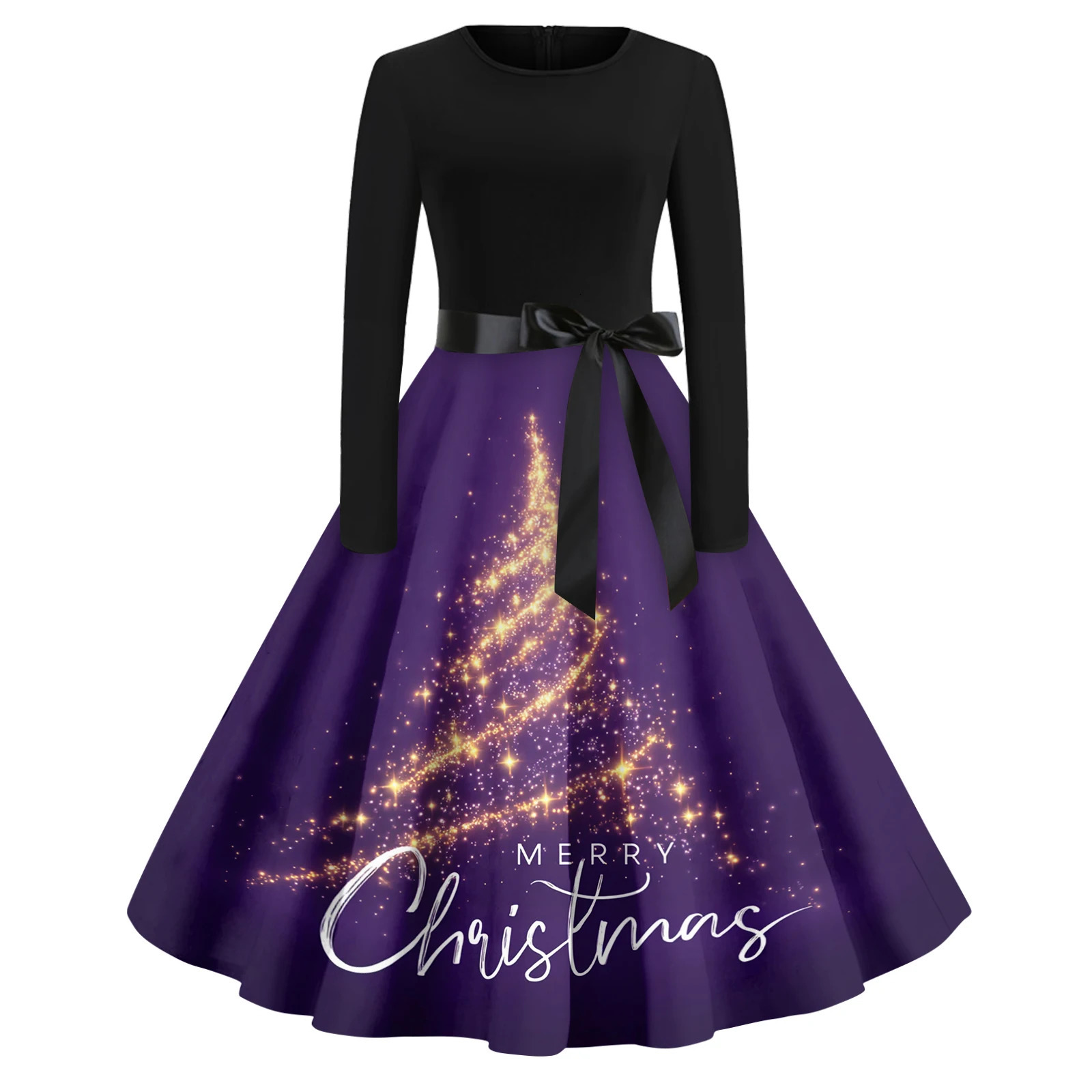Ladies Casual And Fashionable Comfortable And Breathable Round Neck Christmas Print Retro Dress Suitable For Daily Wear 250930