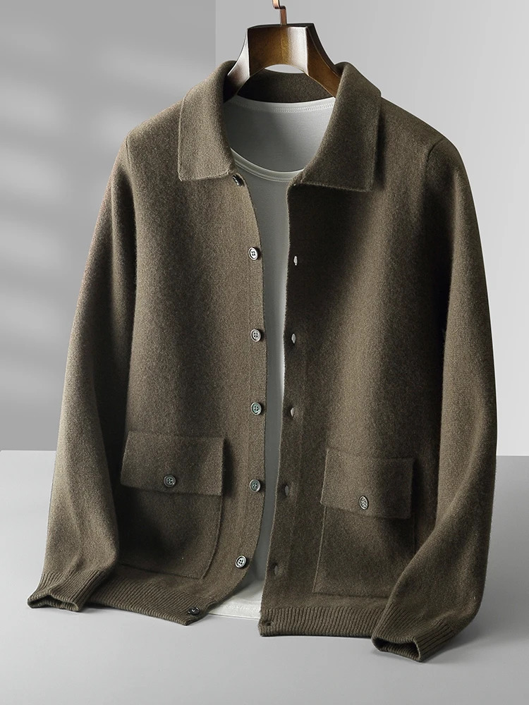 Autumn Winter Mens Sweater Cardigan 100 Merino Wool Knitwear Polo Collar Coat Button Pockets Cashmere Comfortable Clothing Top 250929