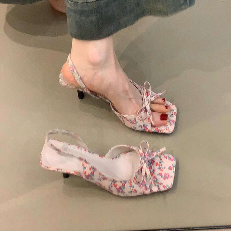 French Floral Sandals Square Open Toe Fairy Bow Thin heel One Strap High heels for Women