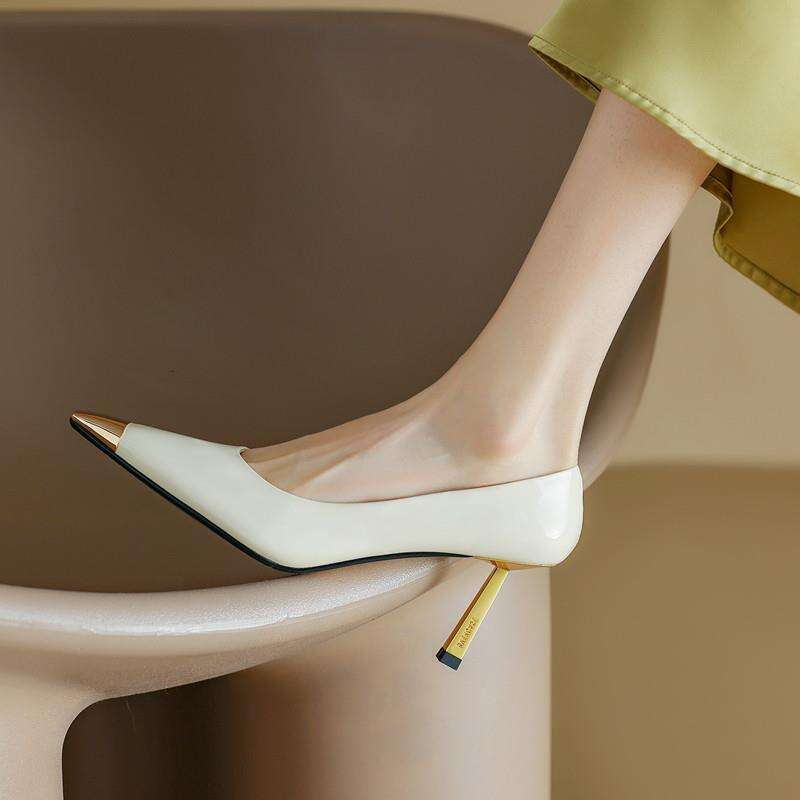 Metal High heels Women Black 2025 Spring New Square Toe Patent Leather Sexy French Style White heelegant Thin heel Pumps
