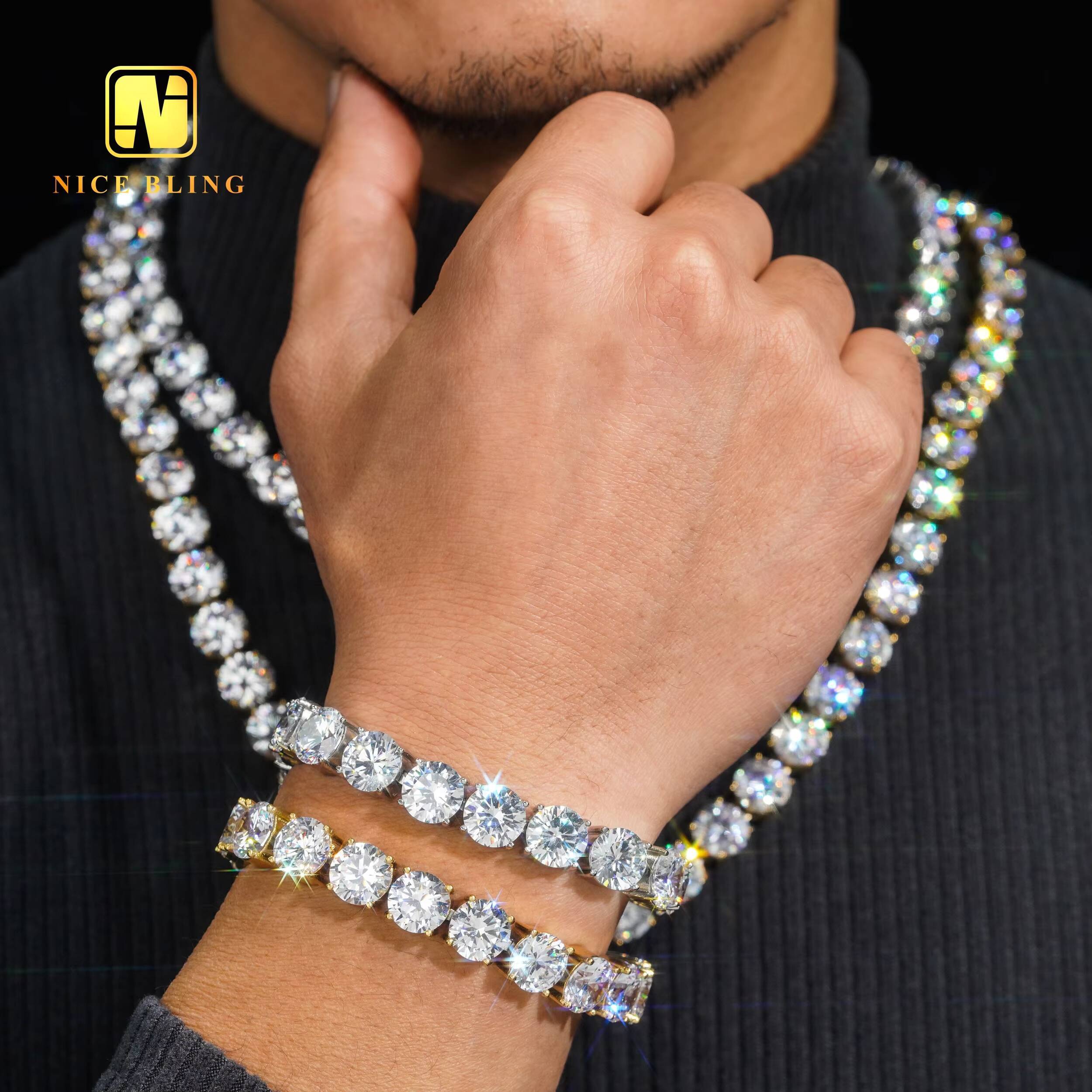 Big Size Iced Out Moissanite Tennis Chains 18k Gold Pvd Plated 10mm 316l Stainless Steel Tennis Necklace and Bracelet for Men Women