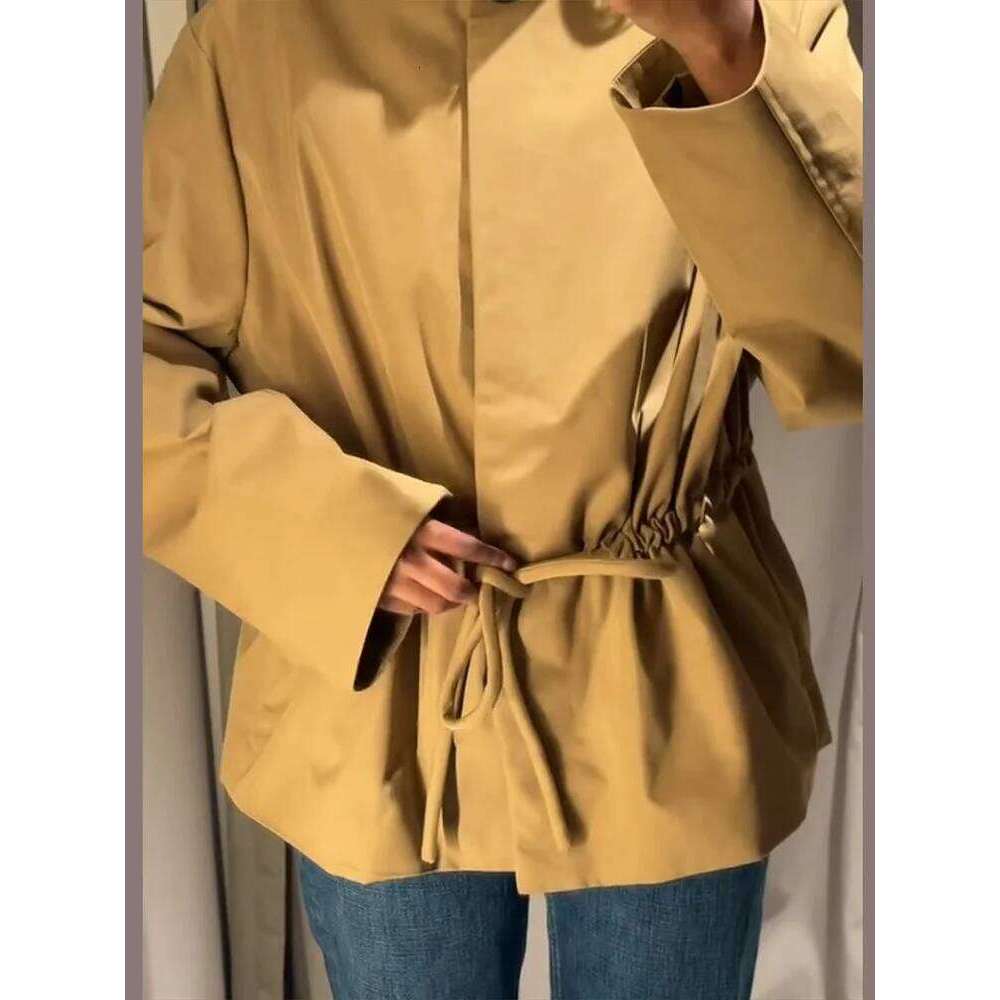 Women Solid Drawstring Short Jackets Stand Covered Button Long Sleeve Waist Casual Coat Fashion High Street Autumn Winter Coats