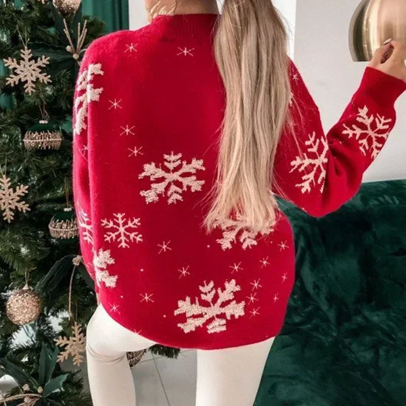 Christmas 2025 Womens Knitted Sweater Snowflake Warm Thicken Jacquard Jumper Oversized Knitwear Full Sleeve Pullovers Xmas Look 250930