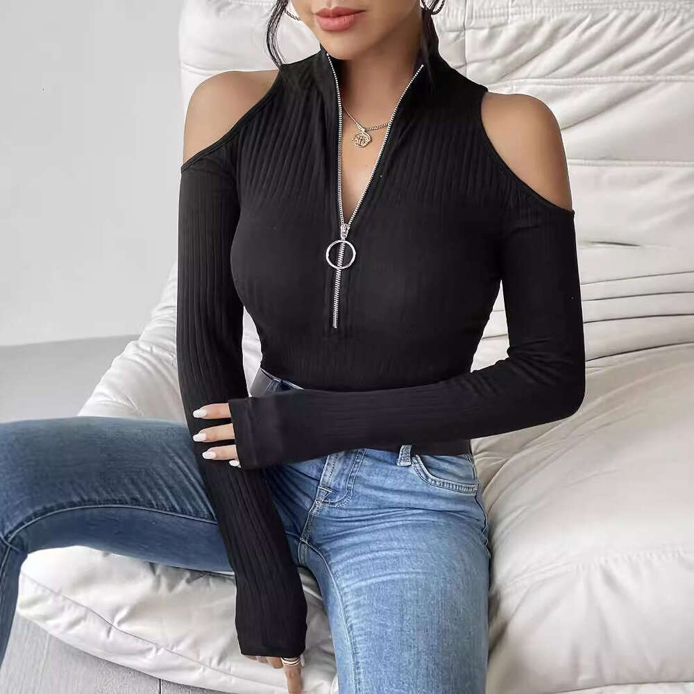 2025 Elegant Women's Solid Color Ribbed Zipper Stand Collar Off-Shoulder Long Sleeve T-Shirt Slimming Top