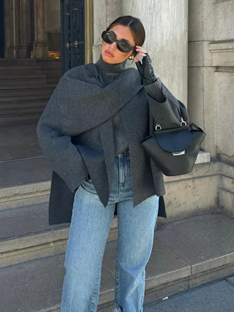 Womens Asymmetric Scarf Knitted Jacket Oneck Single Button Side Slit Solid Loose Coat Winter Female Chic Outerwear 250930