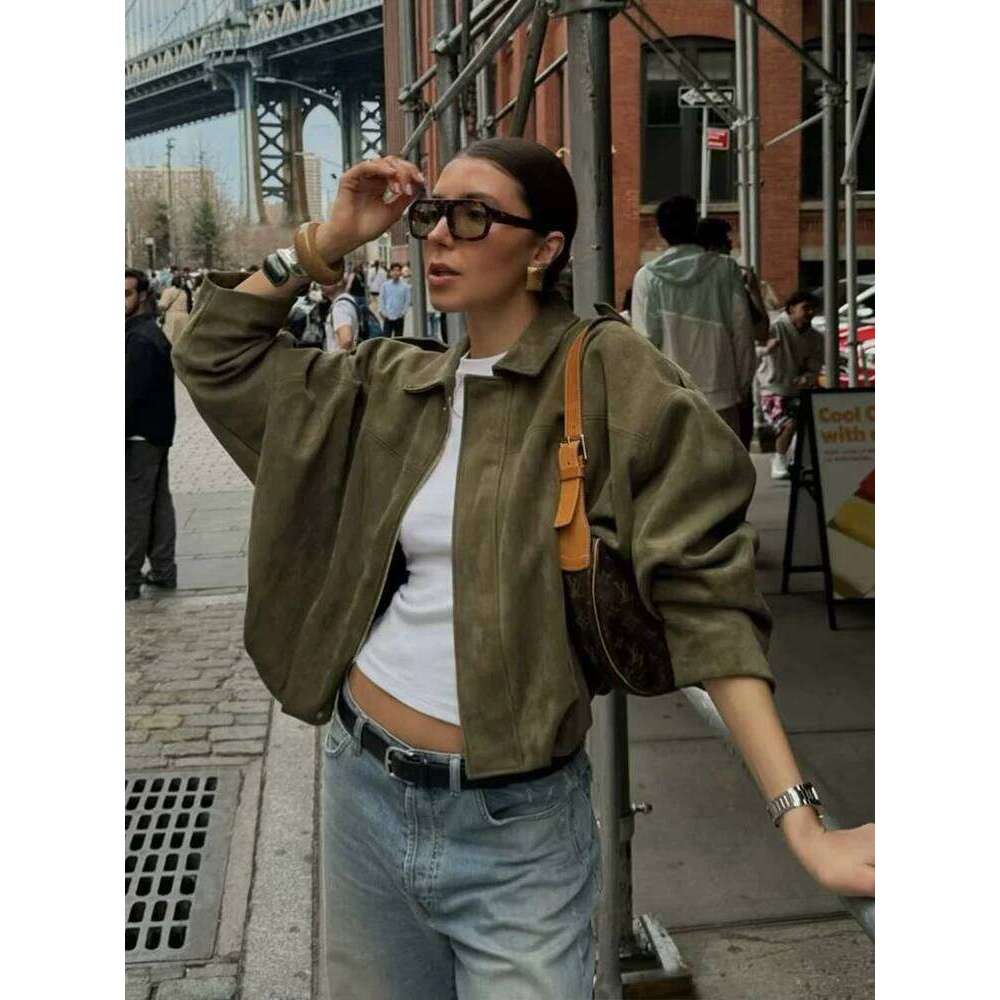 Women Green Suede Jacket 2025 New Spring Fashion Long Sleeve Zipper Oversize Bomber Coat Chic Female High Street Outerwear