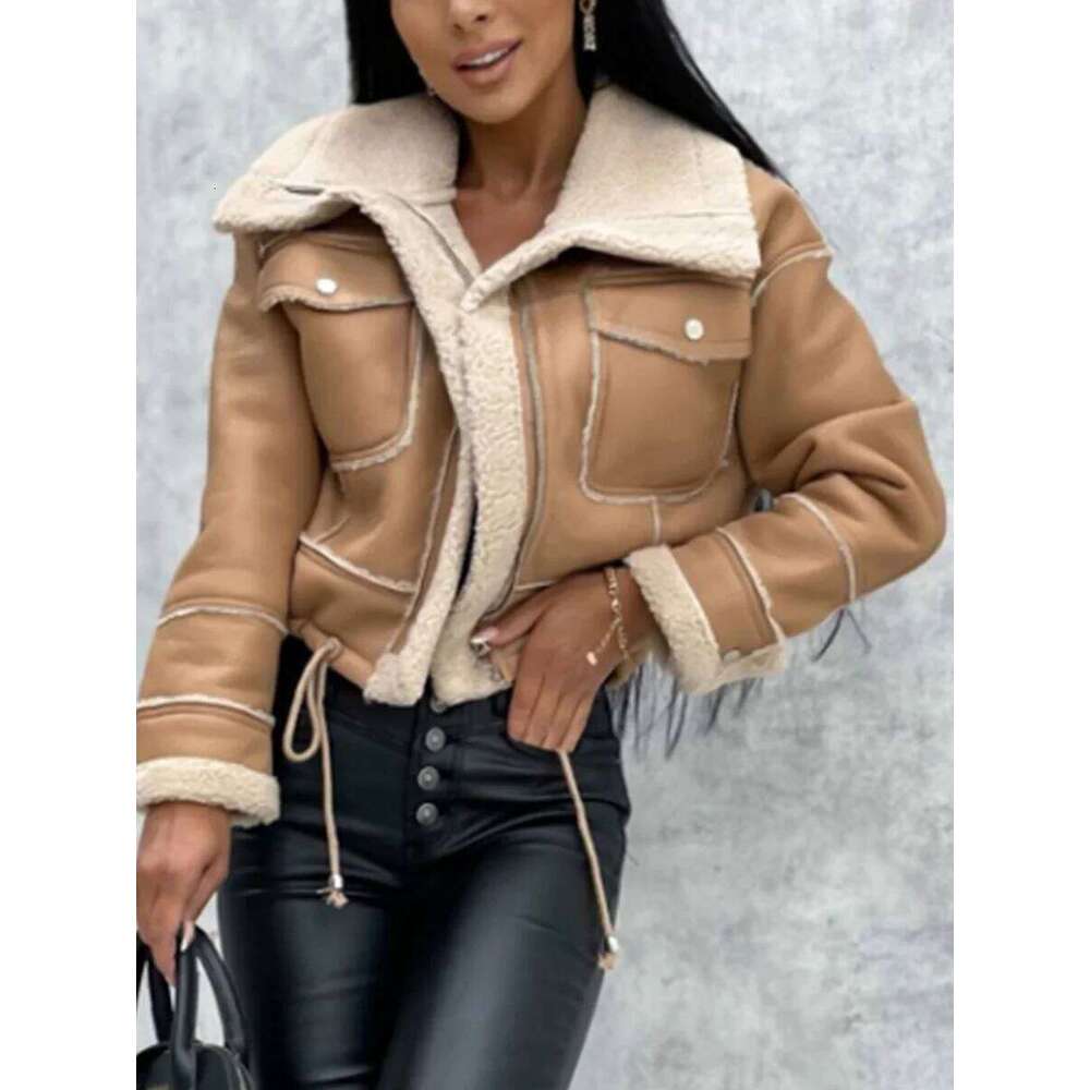 Women Vintage Leather Jacket Faux Fur Open Front Fashion Casual Furry Collar Short Parka Coat Warm Cardigan With Belt