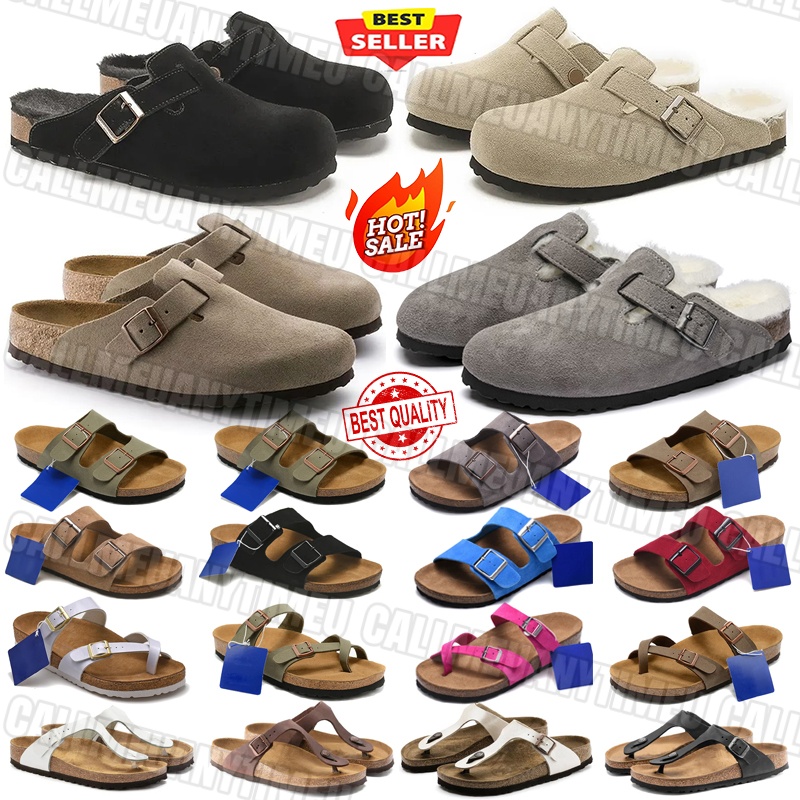 Designer Slides clogs Sandals clog Genuine Leather fur fleece-lined slippers Breathable Outdoor Shoes Men Women Black Brown Grey Mud grayish green mules Flip Flops
