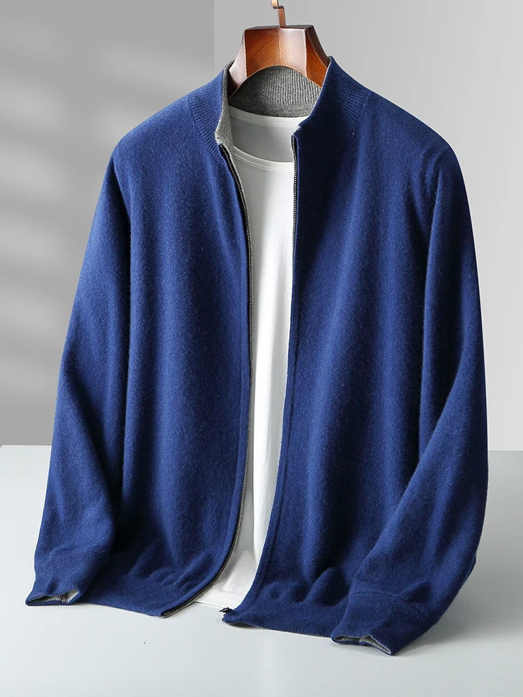 Autumn Winter Men 100 Merino Wool Stand up Collar Knit Cardigan Sweater Doublesided Thickening Zipup Cashmere Sweat 250929
