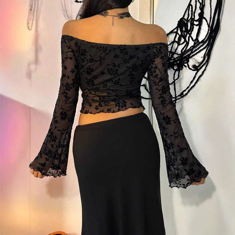 2025 Autumn Winter New Elegant Women's Black Floral Mesh Off Shoulder Flared Sleeve T-Shirt Top for Women