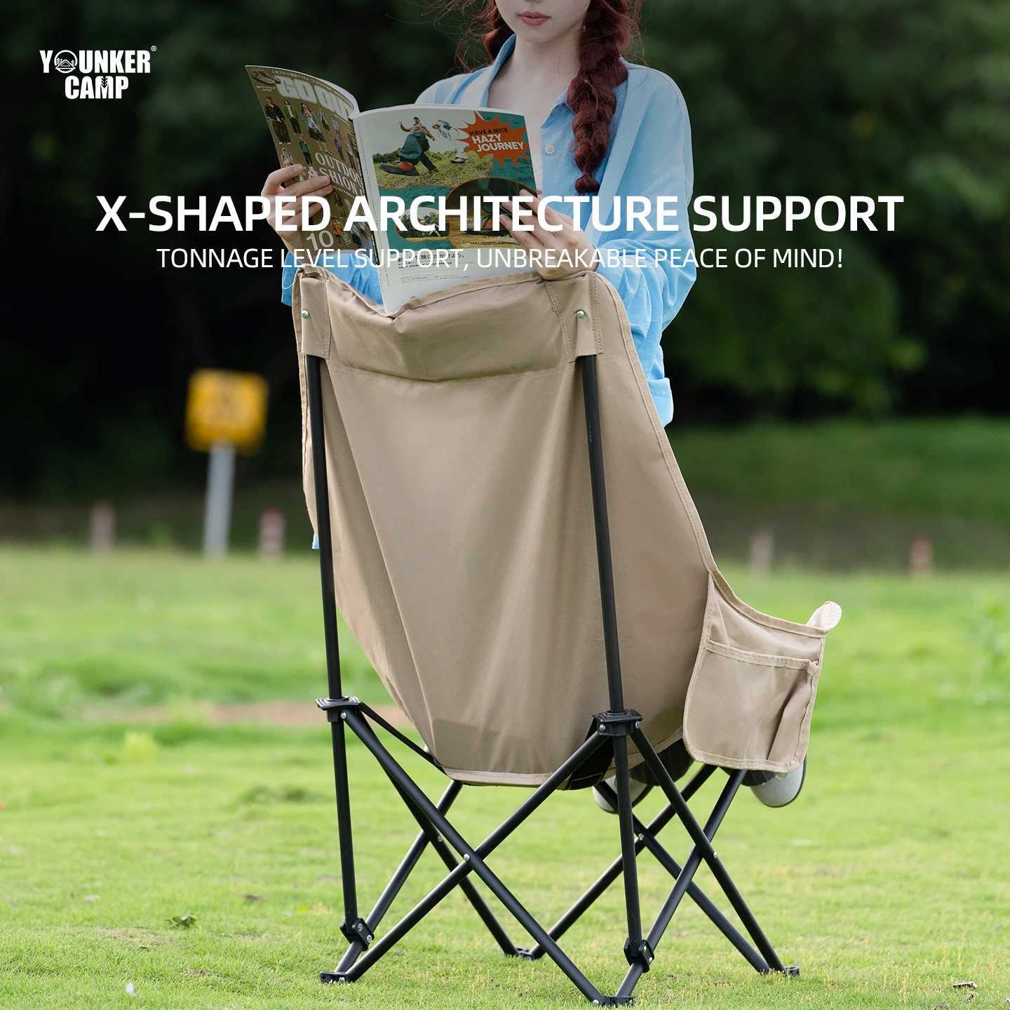 High back moon chair 600D polyester Oxford fabric foldable storage space saving available in khaki green and yellow colors J250930