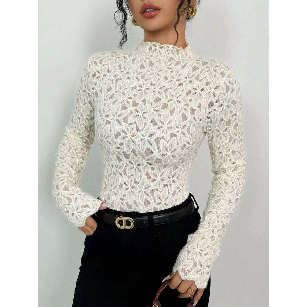 2025 Autumn Winter New Women's Ruffled Half Turtleneck Lace Slim Fit T-Shirt Top