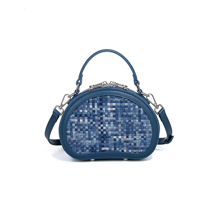 New Fashionable Women's Unique Style, Single Shoulder Crossbody Bag, Woven Denim Blue Handbag, Studded Round Bag
