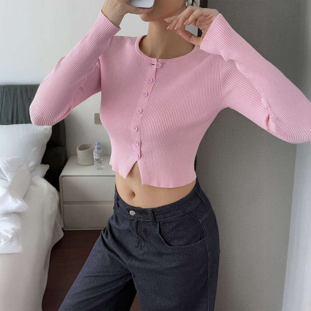 Y2K Hot Girl Button Long Sleeve T-Shirt Base Shirt Knitted Women's Fashion 2025 Autumn Winter