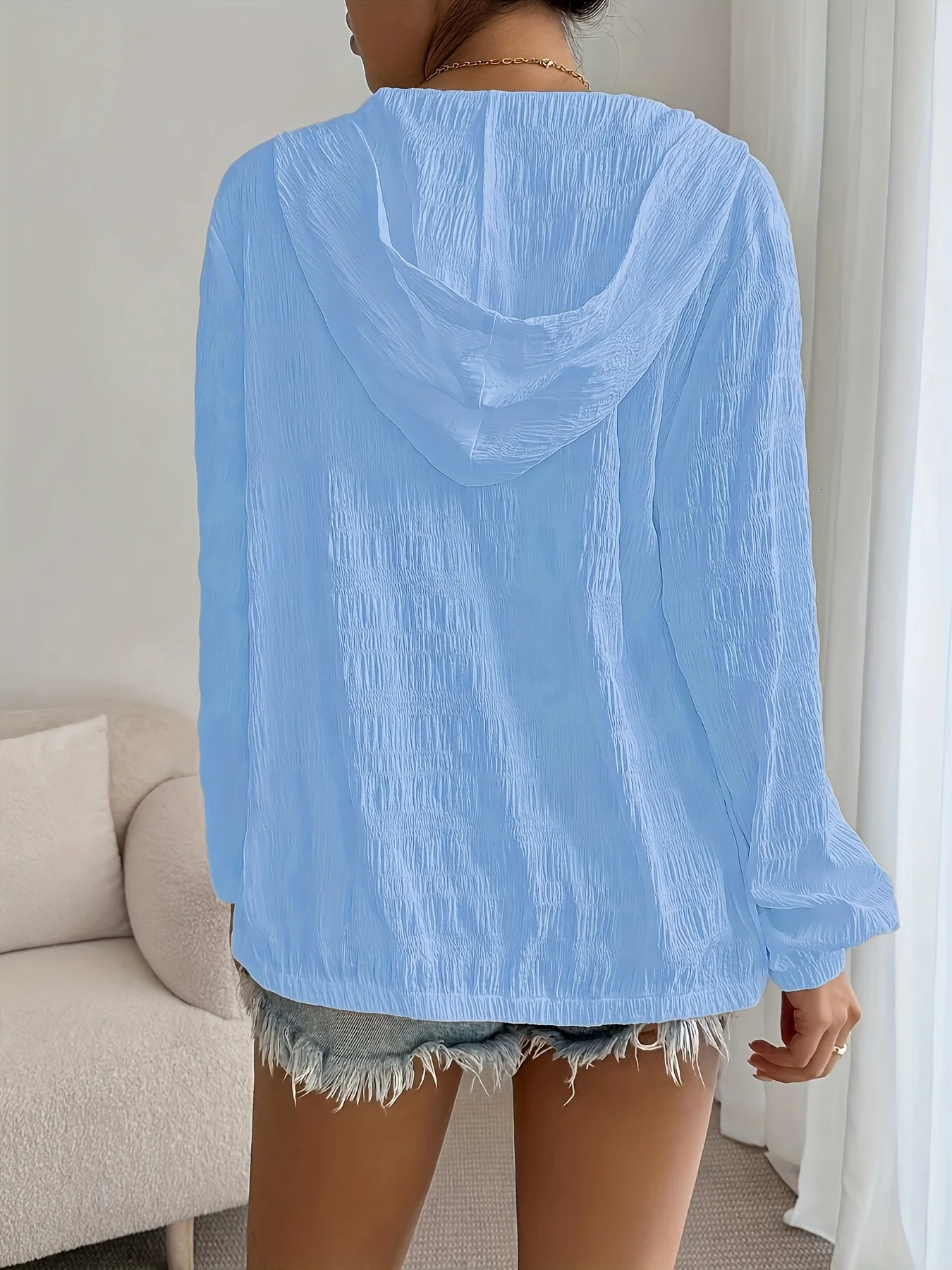 Sky blue Womens Oversized Woven Hooded Casual Jacket Loose Fit Comfortable Outerwear for All Season ssky 250930