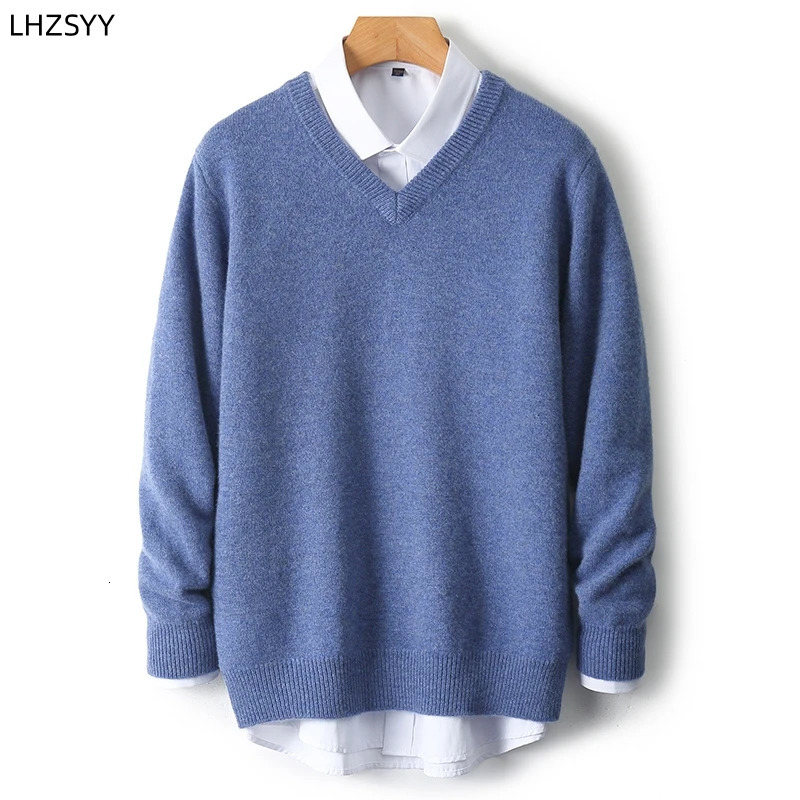 LHZSYY Mens VNeck Cashmere Sweater 23Autumn Winter Thick Solid Pullovers Loose Knit Base Shirt Business Casual Jacket Tops 250929