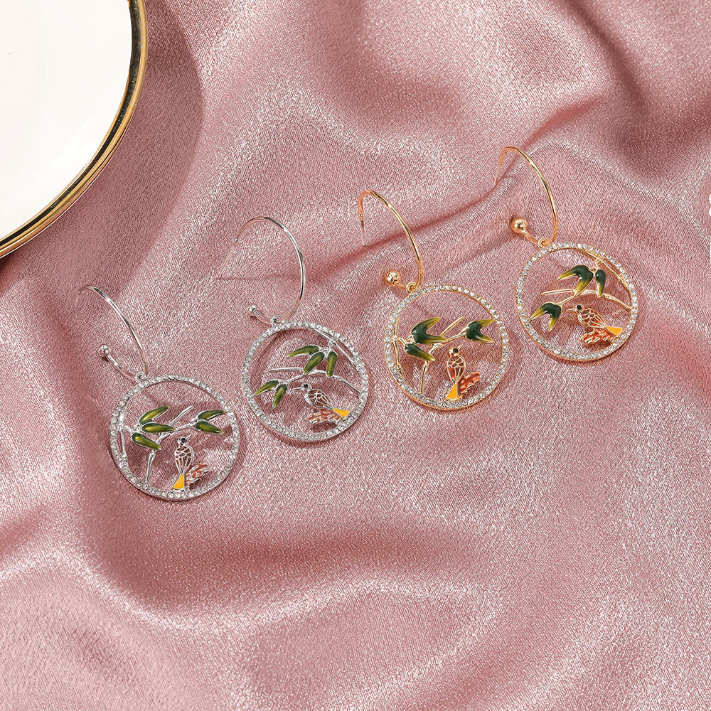National Alloy Inlaid Dia Branch Bird High-End New Chinese Style Round for Women Simple Drop Earrings Jewelry