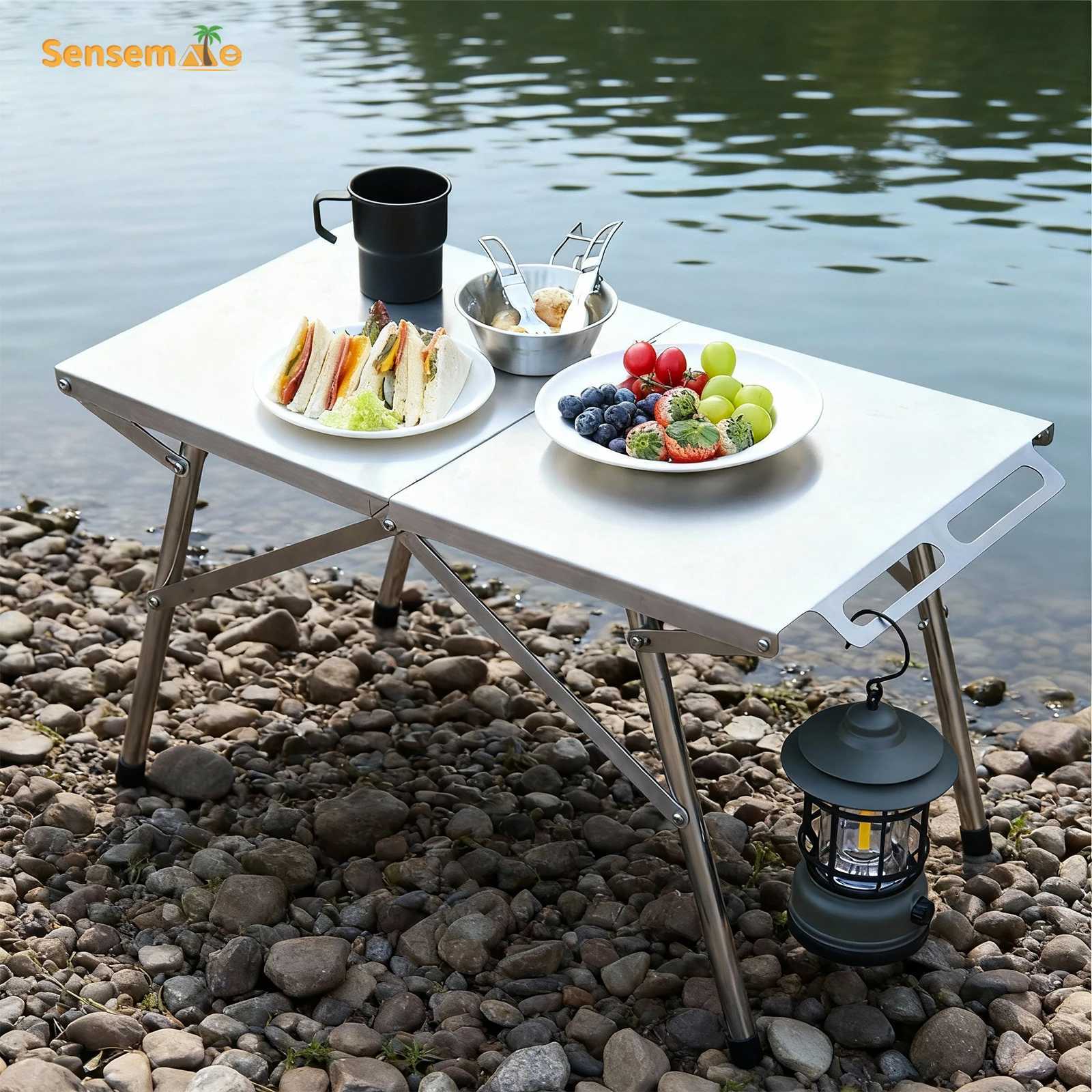 Quick Open Folding Camping Table Stainless Steel Portable BiFold Table with Side Handle for BBQ Beach Picnic Outdoor Heavy Duty J250930