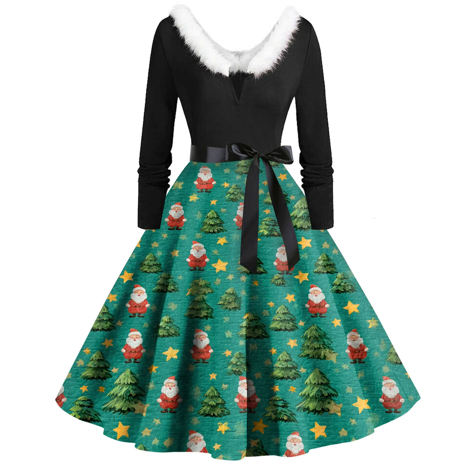 Christmas Ladies Fashionable Round Neck Casual Print Long Sleeved Dress With Large Swing Party And Holiday Attire 250930