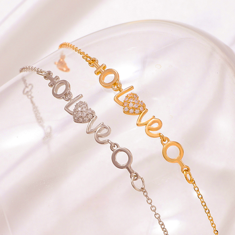 Ins Style LOVE Letter Heart-Shaped Couple Personality Temperament Copper Inlaid Dia Heart Bracelet for Men and Women