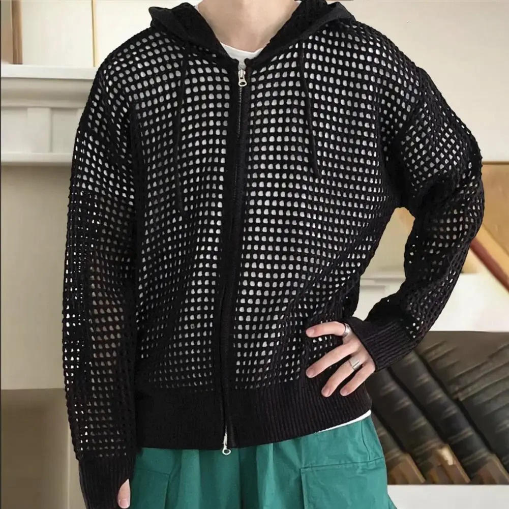 Polyester Fiber Jacket Durable for Men Hooded Hip Hop Cardigan Stylish Mens Winter with Hollow 250929