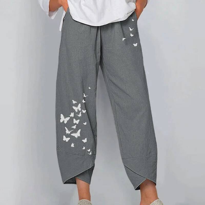 Vintage Print Women Pants Fashion Irregular Casual High Elastic Waist Straight Loose Trousers Summer Lady Cargo Pantalon dongdumaoyi