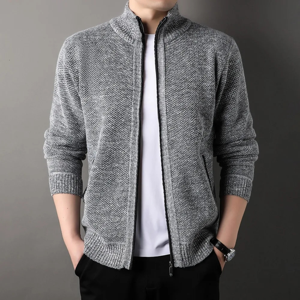 Mens Standup Collar Knit Sweater Autumn Winter Cardigan Tops Korean Slim Solid Color Sweatercoat Jacket 250929