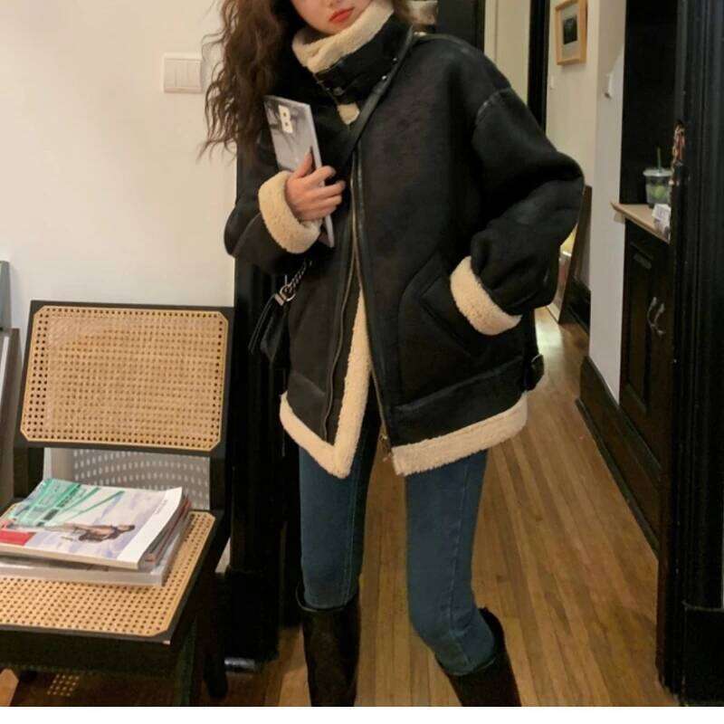 Fashion Bomber Jacket Zipper Sheepskin Outwear Women Warm Winter Faux Fur Suede Leather Lambswool Spliced Parkas Coat