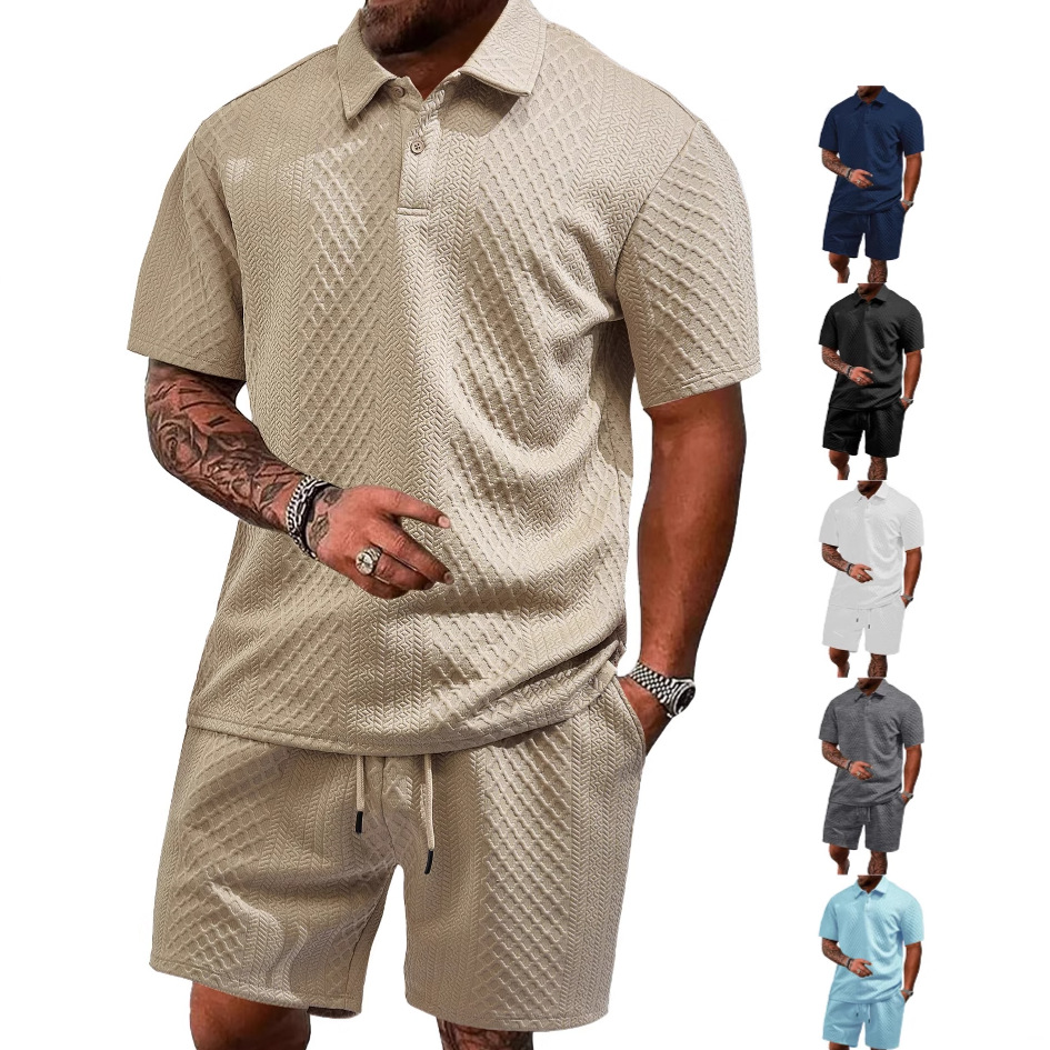 Men's summer collection tracksuits new European and American jacquard fabric mens casual sports thin lapel POLO shirt short sleeved set 2 pcs set