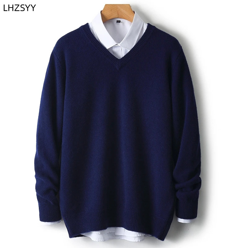 LHZSYY Mens VNeck Cashmere Sweater 23Autumn Winter Thick Solid Pullovers Loose Knit Base Shirt Business Casual Jacket Tops 250929
