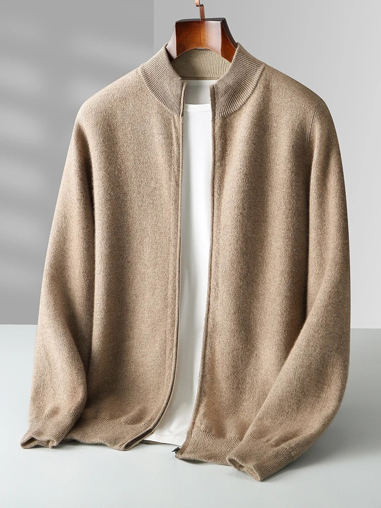 Autumn Winter Men 100 Merino Wool Stand up Collar Knit Cardigan Sweater Doublesided Thickening Zipup Cashmere Sweat 250929