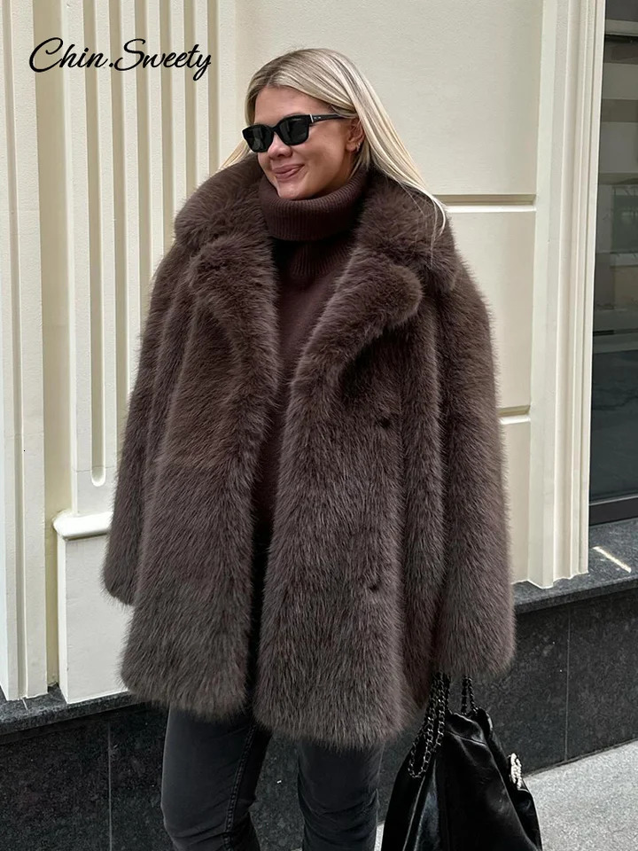 Womens Brown Faux Fur Coat Lapel MidLength Loose Plush Furry Buckle Overcoat Winter Lady Thick Warm Outwear 250930
