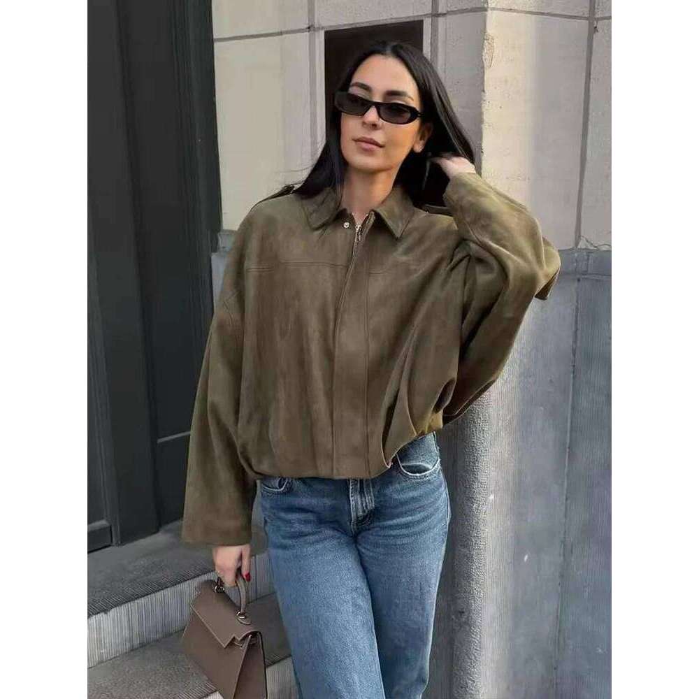 Women Green Suede Jacket 2025 New Spring Fashion Long Sleeve Zipper Oversize Bomber Coat Chic Female High Street Outerwear