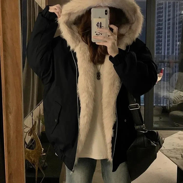 DoubleSided Warm Fur Coat Women Autumn Winter Loose Thicken Plush Cotton 2025 Hooded Mink Outwear 250930