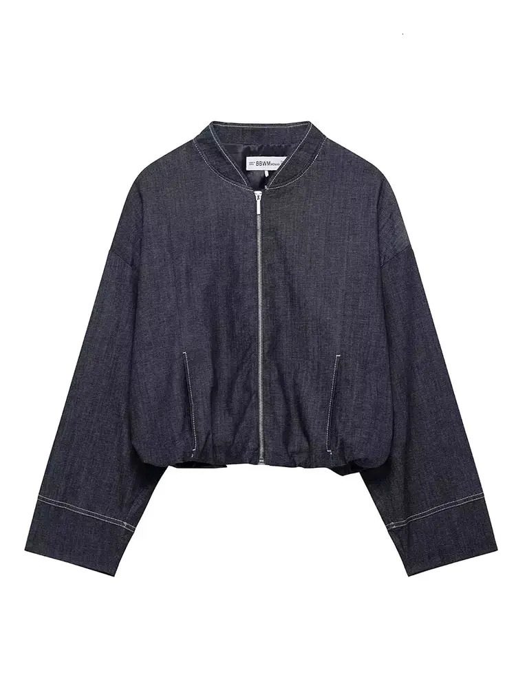 HH Street Fashion Denim Bomber Jacket For Women Solid Color Stand Collar Zipper With Pocket Balloon Style Causal Coats 250930