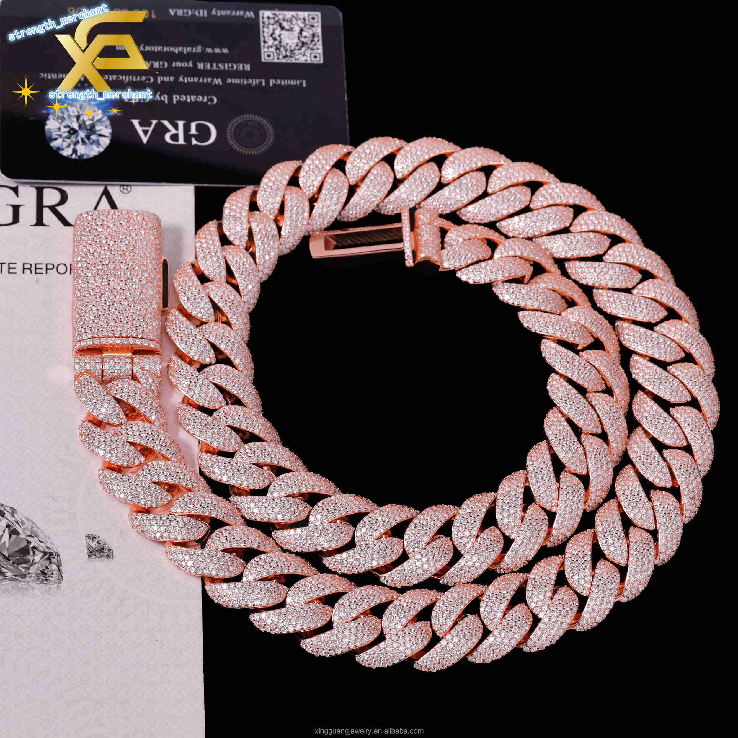 Hip Hop Rose Gold Chain 20MM Full Iced Out Moissanite Chain S925 Real Plated VVS Diamond Cuban Link Chain Necklace