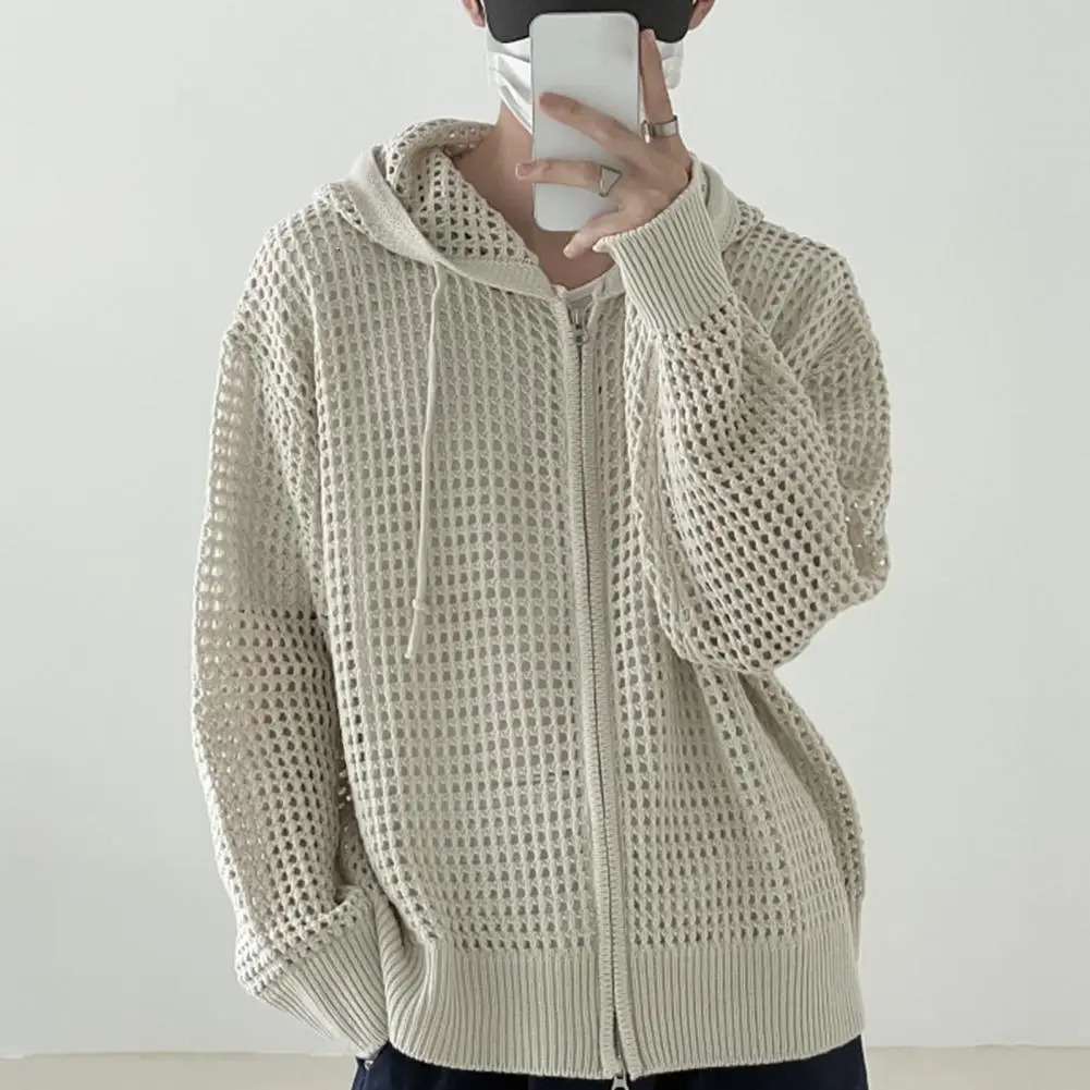 Polyester Fiber Jacket Durable for Men Hooded Hip Hop Cardigan Stylish Mens Winter with Hollow 250929