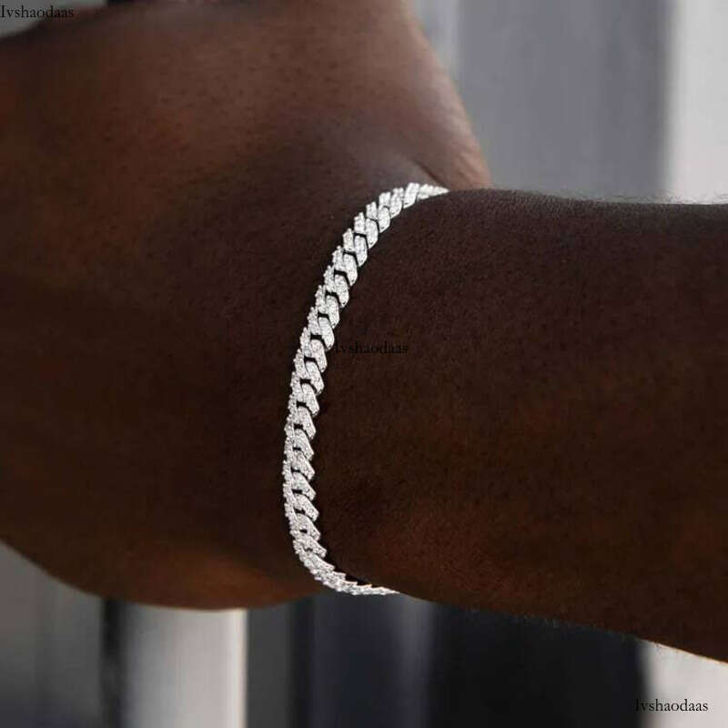 White Gold Sterling Sier VVS Moissanite Dia Cuban Link Chain Bracelet Iced Out Mossanite Jewelry For Men Women
