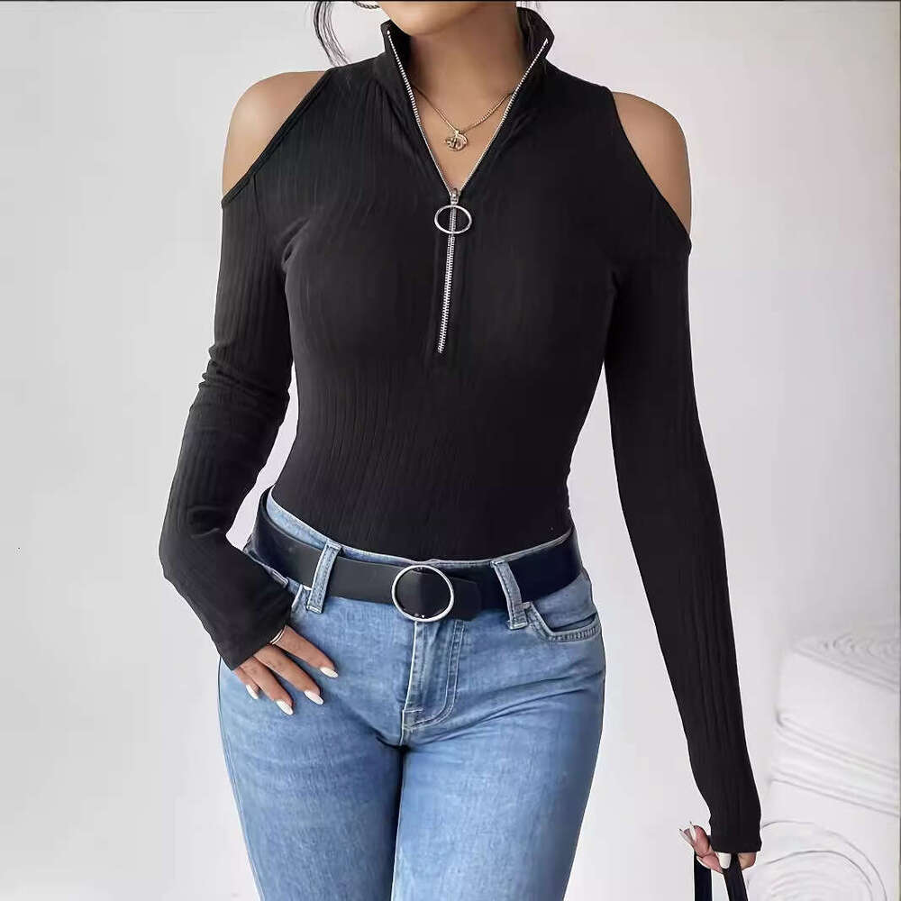2025 Elegant Women's Solid Color Ribbed Zipper Stand Collar Off-Shoulder Long Sleeve T-Shirt Slimming Top