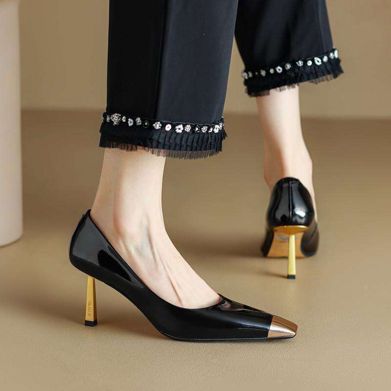 Metal High heels Women Black 2025 Spring New Square Toe Patent Leather Sexy French Style White heelegant Thin heel Pumps
