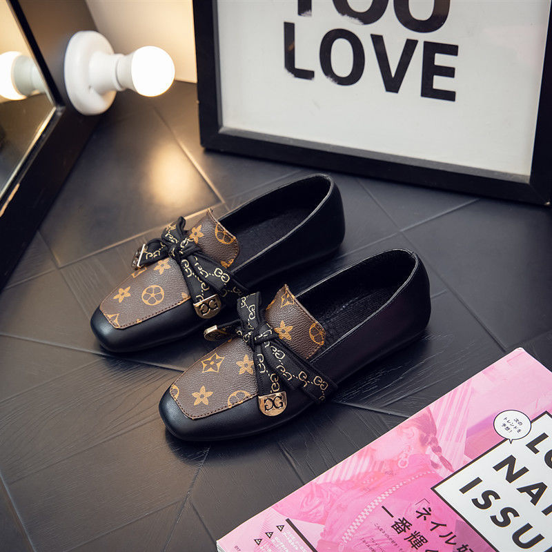 Free Shipping Casual Fashion Womens Shoes Autumn Designer New Bow Square Toe Flat Shoes Soft Sole Comfort Versatile Dress Shoes Size 35 to 40 Brown Bl