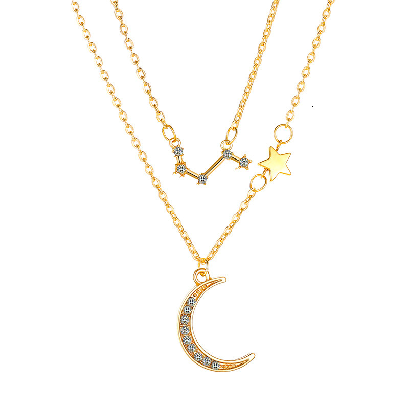 Double Layer Star Moon Collarbone Chain Elegant Inlaid Dia Zodiac Necklace Ins Style Internet Celebrity Accessory