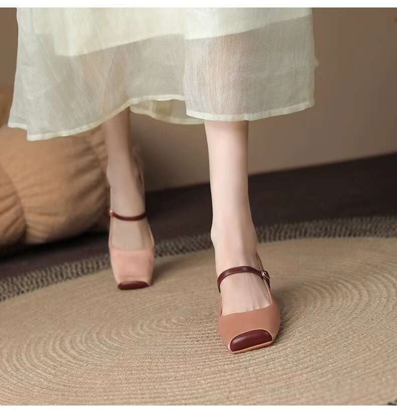 High heels Designer Shoe Women 2025 Autumn Genuine Soft Leather Pink Pig Nose Square Toe French Style heelegant Chunky heel Mary Jane Single Shoes