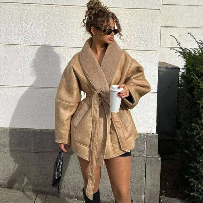 Double Sided Leather Lamb Fur Women's Jacket Vintage Turn-Down Collar Long Sleeve Waist Cinching Coats Fashion Female Streetwear